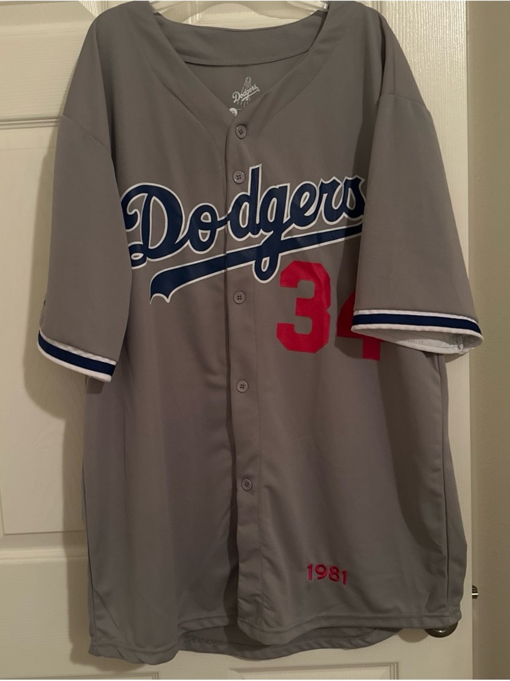 MLB Dodgers Gray Button-Up Jersey with Blue Script and Red Numbering